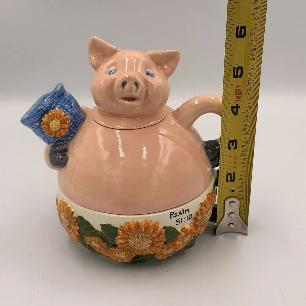 Vintage Ceramic Stacking Pig Teapot Mug Set Sunflower Psalm 51:10 Signed 1999